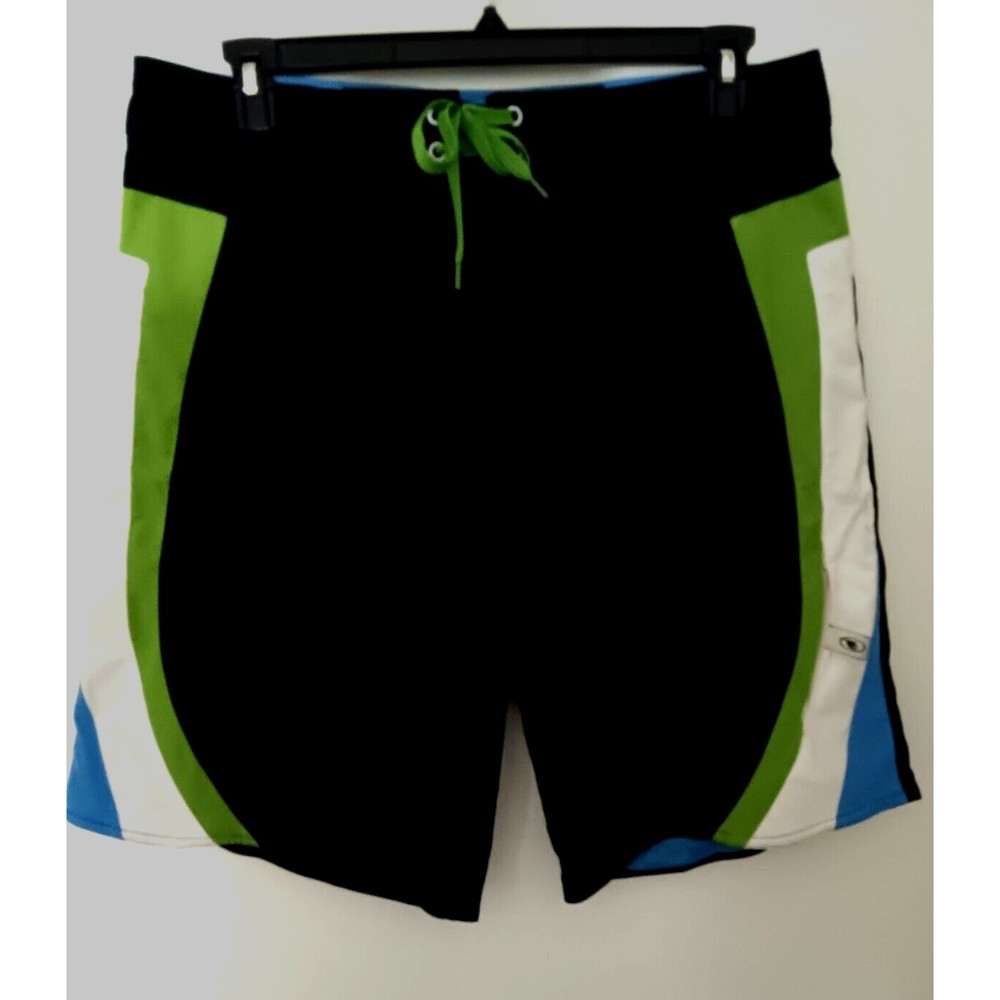 First Wave Mens Blue Green White Color Block Board Shorts Tie Front - Size 36